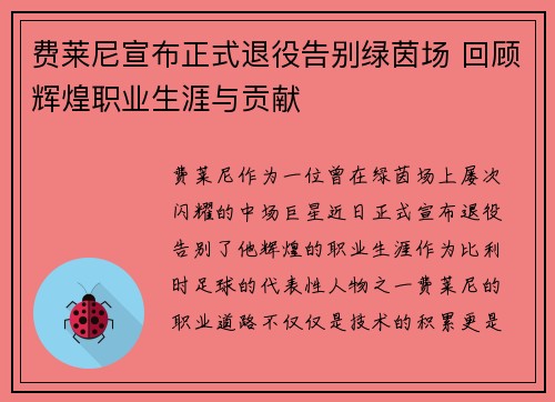 费莱尼宣布正式退役告别绿茵场 回顾辉煌职业生涯与贡献 费莱尼宣布正式退役告别绿茵场 回顾辉煌职业生涯与贡献